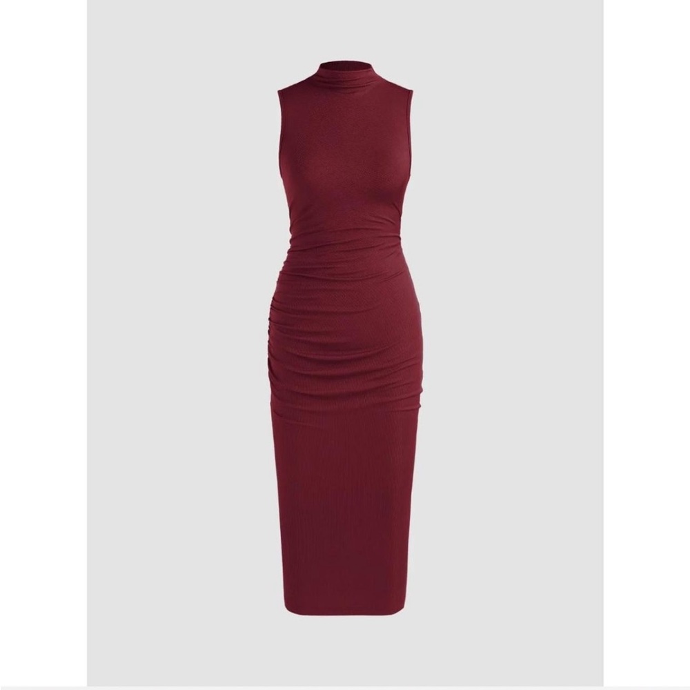 Cider High Neck Ruched and Ribbed Midi Dress